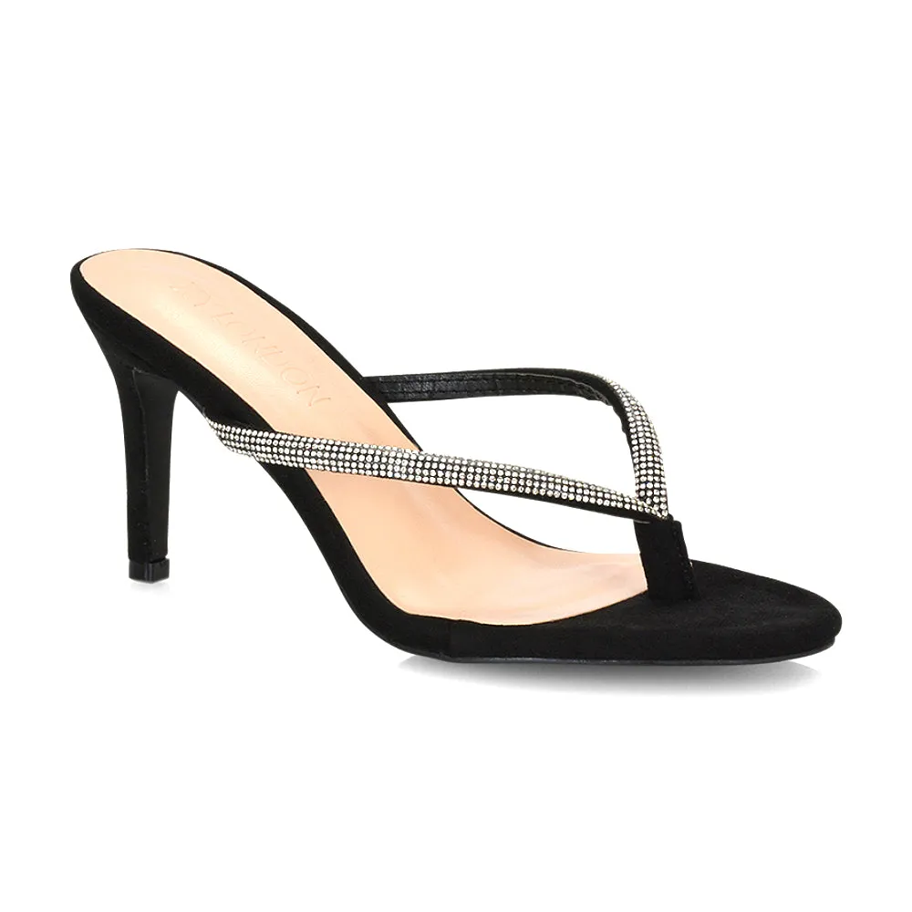 Tiami Thong Strap Slip On Stiletto Diamante Heeled Sandal Mules in Rose Gold