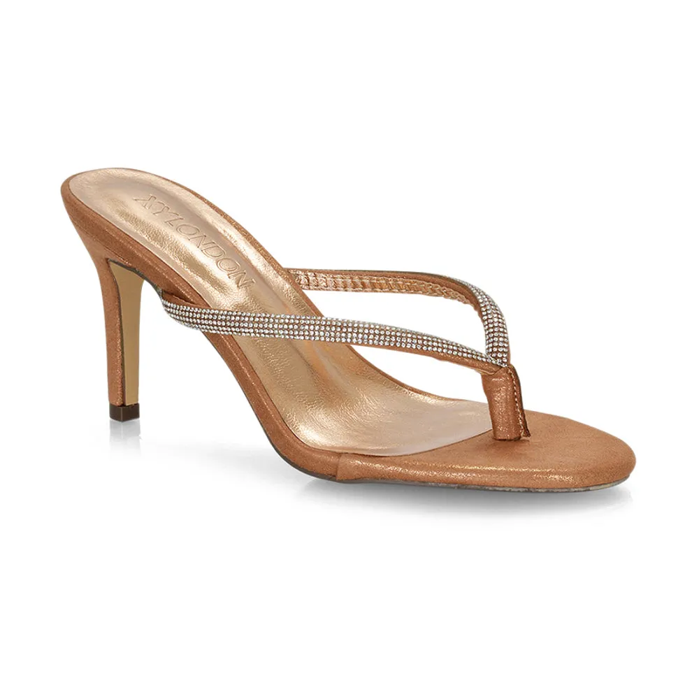 Tiami Thong Strap Slip On Stiletto Diamante Heeled Sandal Mules in Rose Gold