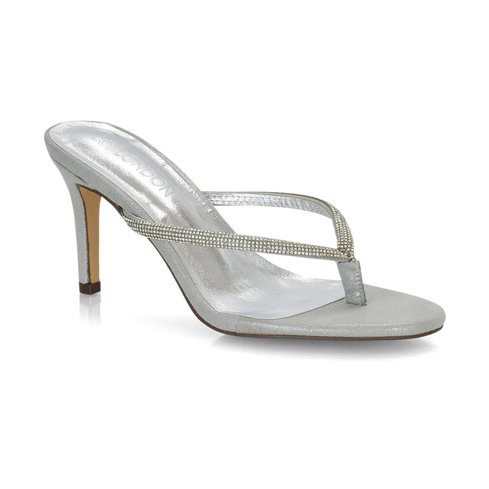 Tiami Thong Strap Slip On Stiletto Diamante Heeled Sandal Mules in Rose Gold