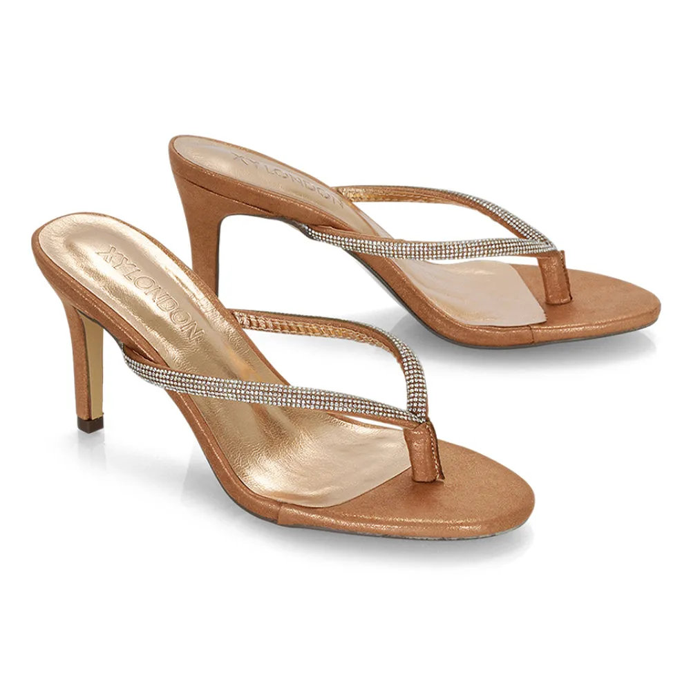 Tiami Thong Strap Slip On Stiletto Diamante Heeled Sandal Mules in Rose Gold