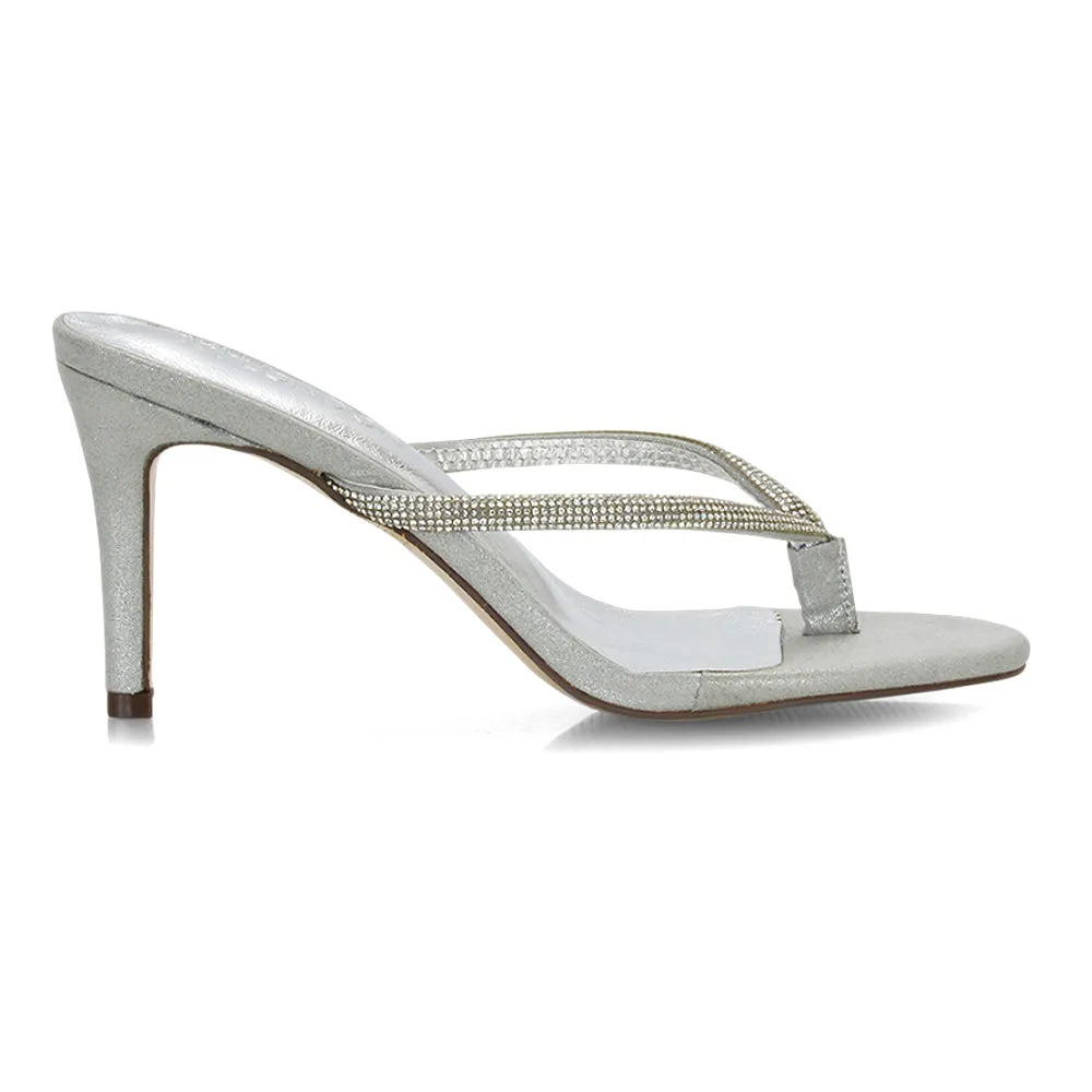 Tiami Thong Strap Slip On Stiletto Diamante Heeled Sandal Mules in Rose Gold