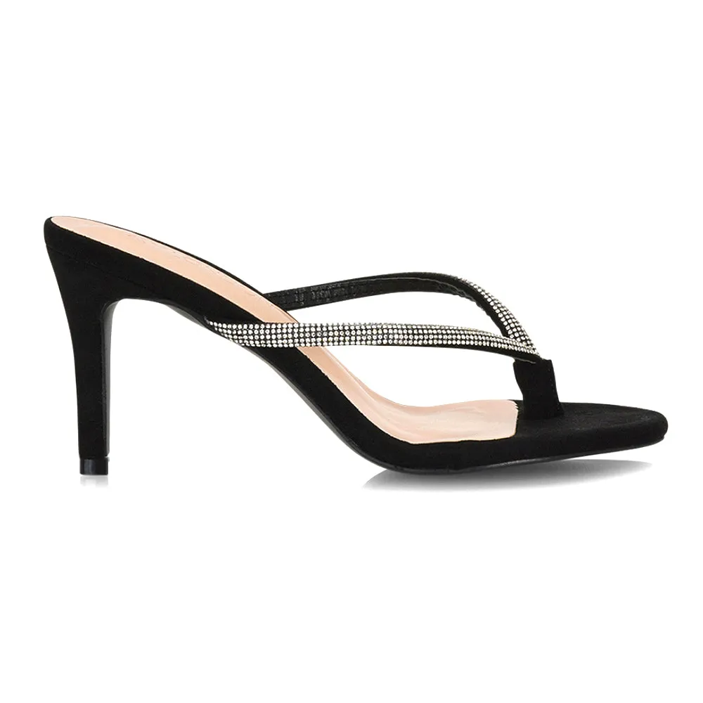 Tiami Thong Strap Slip On Stiletto Diamante Heeled Sandal Mules in Rose Gold