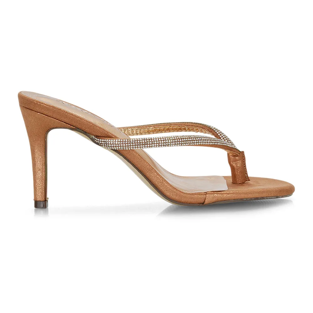Tiami Thong Strap Slip On Stiletto Diamante Heeled Sandal Mules in Rose Gold