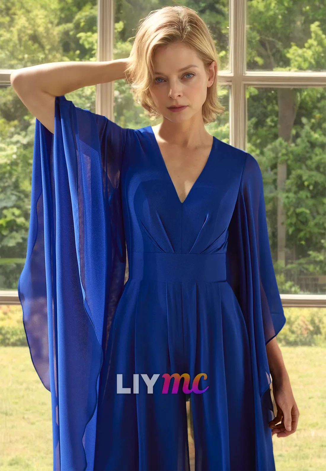 V-Neck Long Sleeves Jumpsuit Mother of Bride Dress