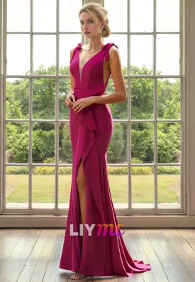 V-Neck Sleeveless Ruffled Side Slit Mermaid Mother of Bride Dress