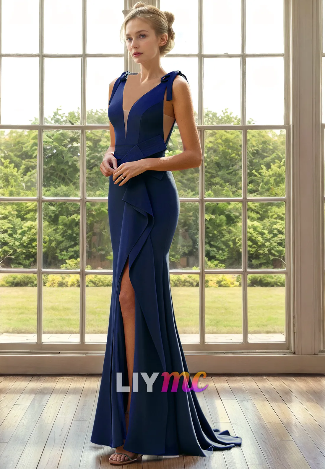 V-Neck Sleeveless Ruffled Side Slit Mermaid Mother of Bride Dress
