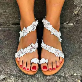 Women ring toe flower strappy slip on flat sandals